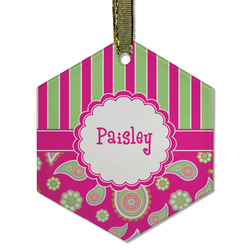 Pink & Green Paisley and Stripes Flat Glass Ornament - Hexagon w/ Name or Text