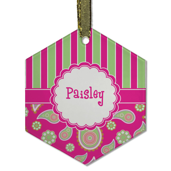 Custom Pink & Green Paisley and Stripes Flat Glass Ornament - Hexagon w/ Name or Text
