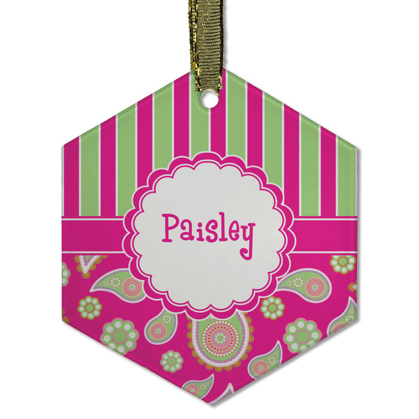 Pink & Green Paisley and Stripes Frosted Glass Ornament - Hexagon