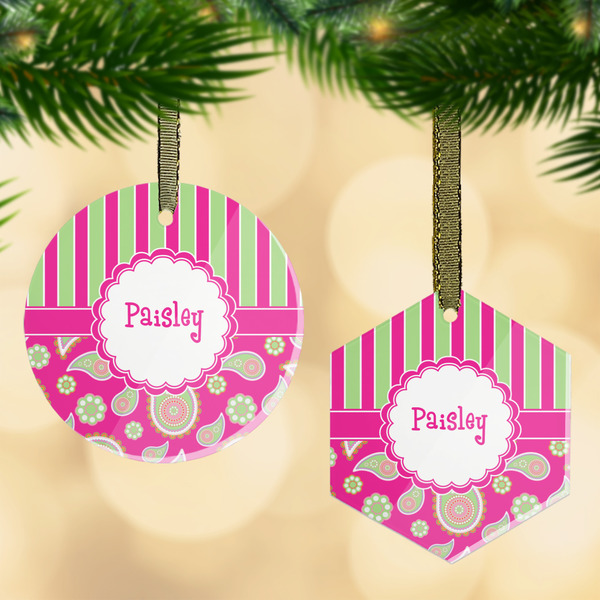 Custom Pink & Green Paisley and Stripes Flat Glass Ornament w/ Name or Text