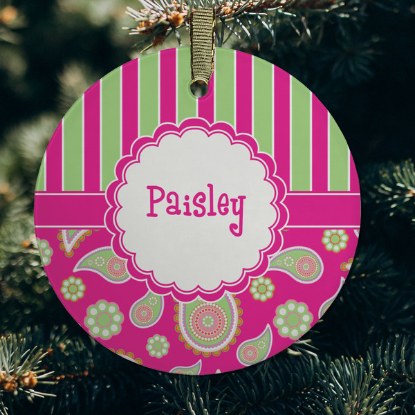 Pink & Green Paisley and Stripes Frosted Glass Ornament - Round (Lifestyle)