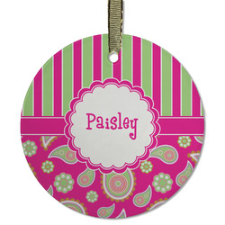 Pink & Green Paisley and Stripes Flat Glass Ornament - Round w/ Name or Text