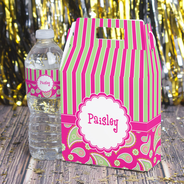 Pink & Green Paisley and Stripes Gable Favor Box - In Context