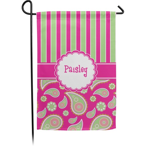 Custom Pink & Green Paisley and Stripes Small Garden Flag - Double Sided w/ Name or Text