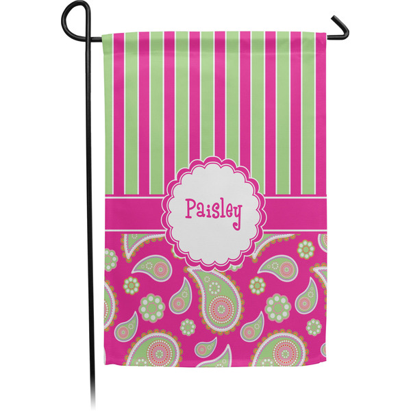 Custom Pink & Green Paisley and Stripes Small Garden Flag - Single Sided w/ Name or Text