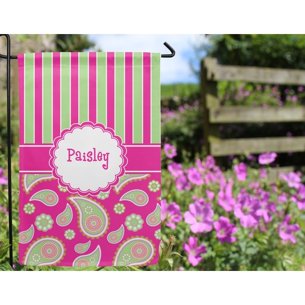 Pink & Green Paisley and Stripes Garden Flag - Outside In Flowers