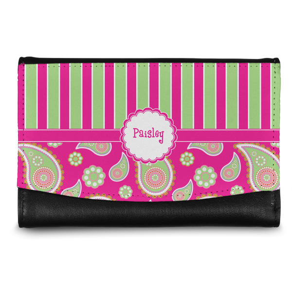 Custom Pink & Green Paisley and Stripes Genuine Leather Women's Wallet - Small (Personalized)