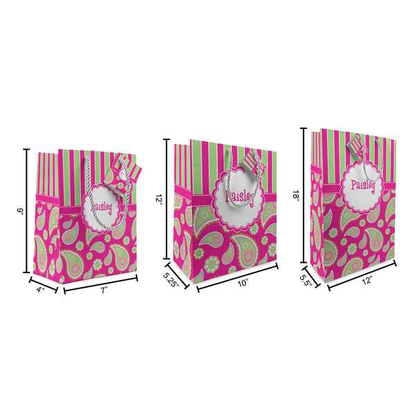 Pink & Green Paisley and Stripes Gift Bags - All Sizes - Dimensions