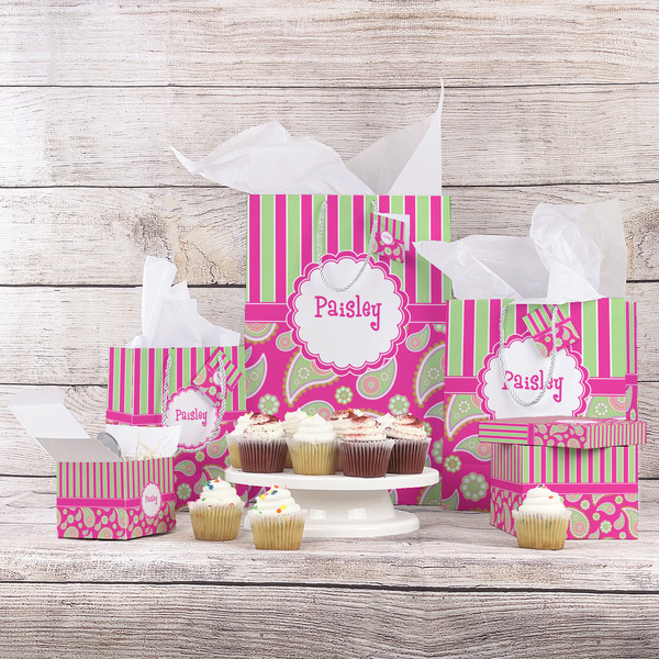Pink & Green Paisley and Stripes Gift Bags - In Context
