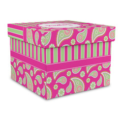 Pink & Green Paisley and Stripes Gift Box with Lid - Canvas Wrapped - Large (Personalized)
