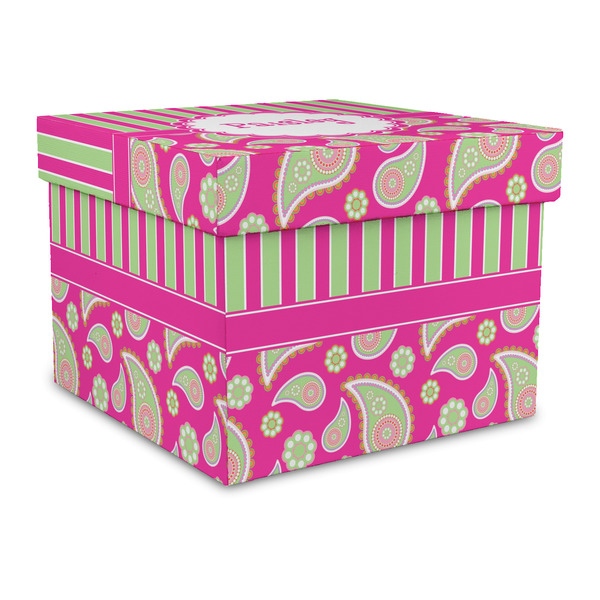 Custom Pink & Green Paisley and Stripes Gift Box with Lid - Canvas Wrapped - Large (Personalized)