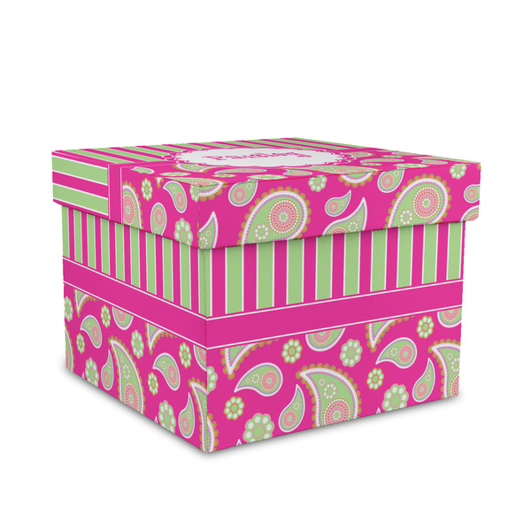 Custom Pink & Green Paisley and Stripes Gift Box with Lid - Canvas Wrapped - Medium (Personalized)