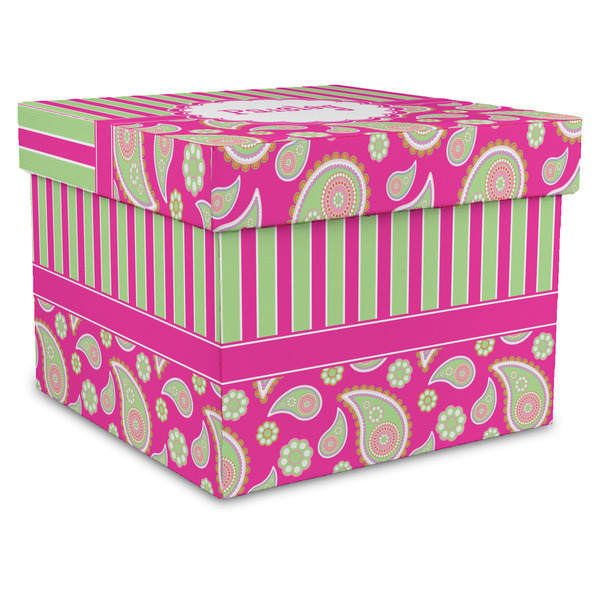 Custom Pink & Green Paisley and Stripes Gift Box with Lid - Canvas Wrapped - X-Large (Personalized)