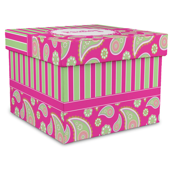 Custom Pink & Green Paisley and Stripes Gift Box with Lid - Canvas Wrapped - XX-Large (Personalized)