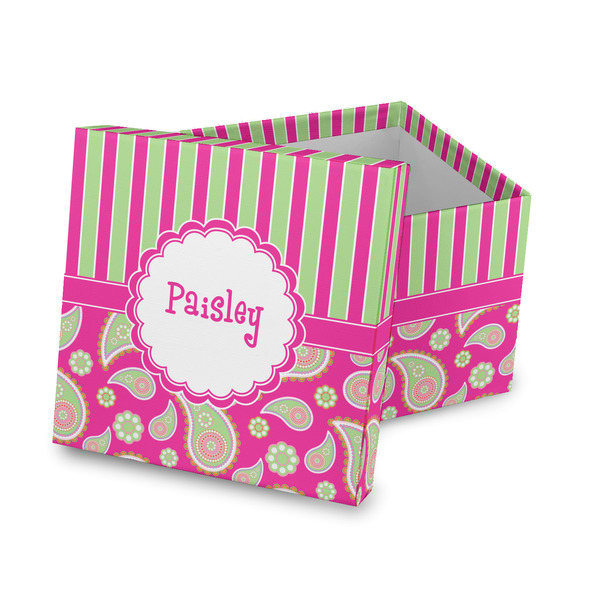 Custom Pink & Green Paisley and Stripes Gift Box with Lid - Canvas Wrapped (Personalized)