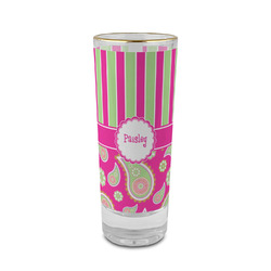 Pink & Green Paisley and Stripes 2 oz Shot Glass -  Glass with Gold Rim - Single (Personalized)