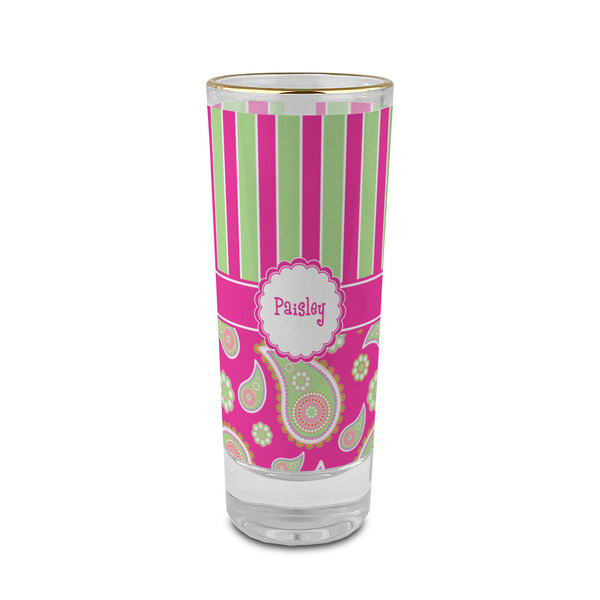 Custom Pink & Green Paisley and Stripes 2 oz Shot Glass -  Glass with Gold Rim - Single (Personalized)