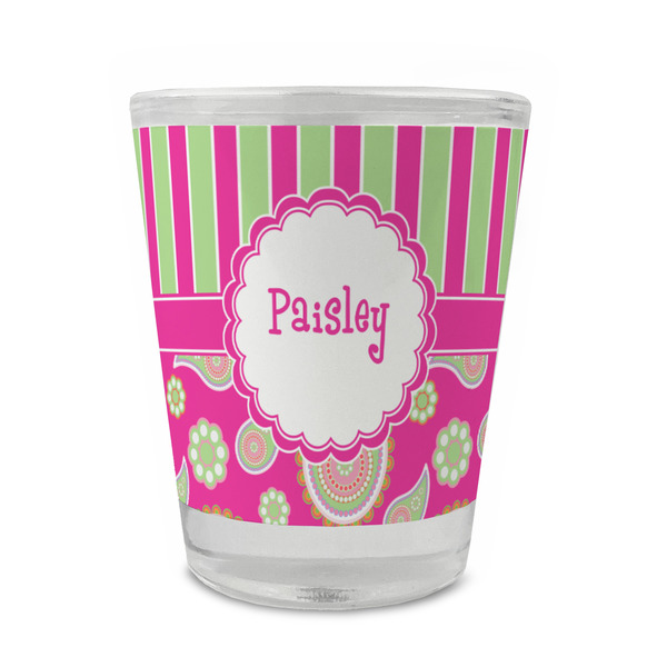 Custom Pink & Green Paisley and Stripes Glass Shot Glass - 1.5 oz - Single (Personalized)