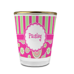 Pink & Green Paisley and Stripes Glass Shot Glass - 1.5 oz - with Gold Rim - Single (Personalized)