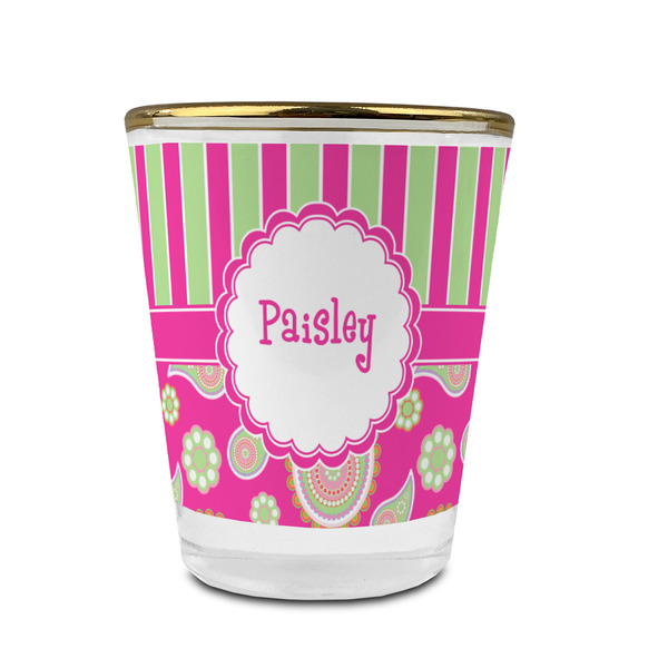 Custom Pink & Green Paisley and Stripes Glass Shot Glass - 1.5 oz - with Gold Rim - Single (Personalized)