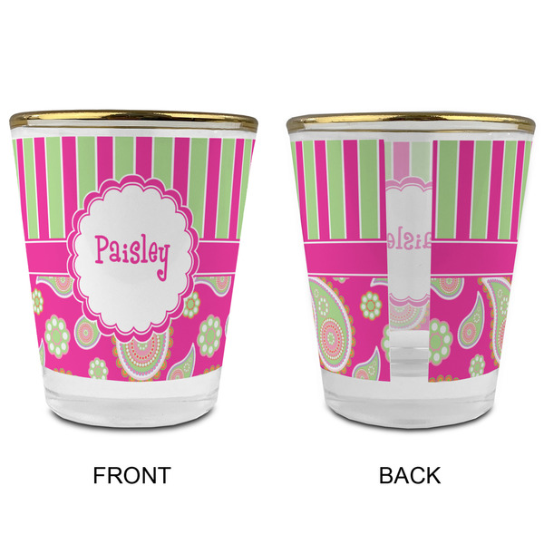 Pink & Green Paisley and Stripes Glass Shot Glass - with gold rim - APPROVAL