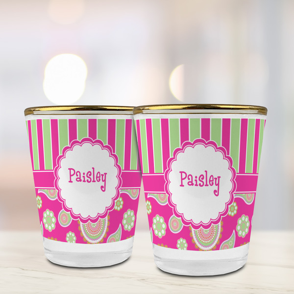 Pink & Green Paisley and Stripes Glass Shot Glass - with gold rim - LIFESTYLE