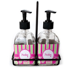 Pink & Green Paisley and Stripes Glass Soap & Lotion Bottle Set (Personalized)