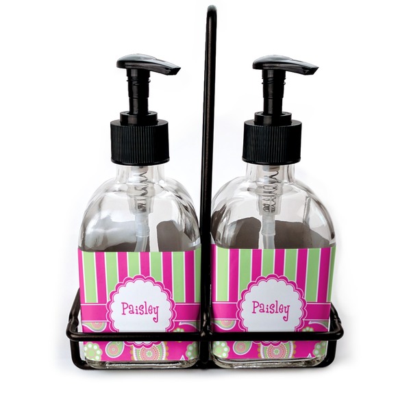 Custom Pink & Green Paisley and Stripes Glass Soap & Lotion Bottles (Personalized)