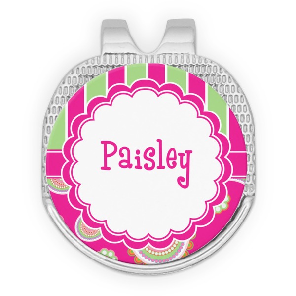 Custom Pink & Green Paisley and Stripes Golf Ball Marker - Hat Clip - Silver