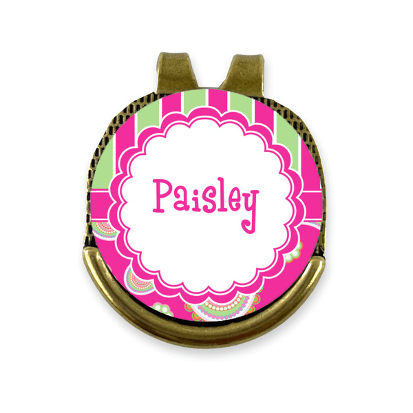 Custom Pink & Green Paisley and Stripes Golf Ball Marker - Hat Clip - Gold