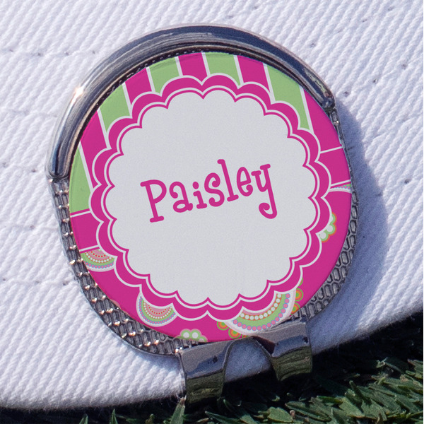 Custom Pink & Green Paisley and Stripes Golf Ball Marker - Hat Clip