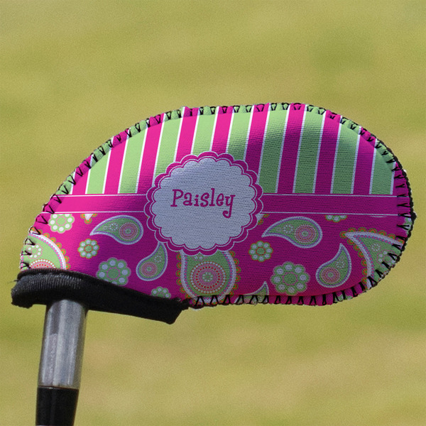 Custom Pink & Green Paisley and Stripes Golf Club Iron Cover - Single (Personalized)