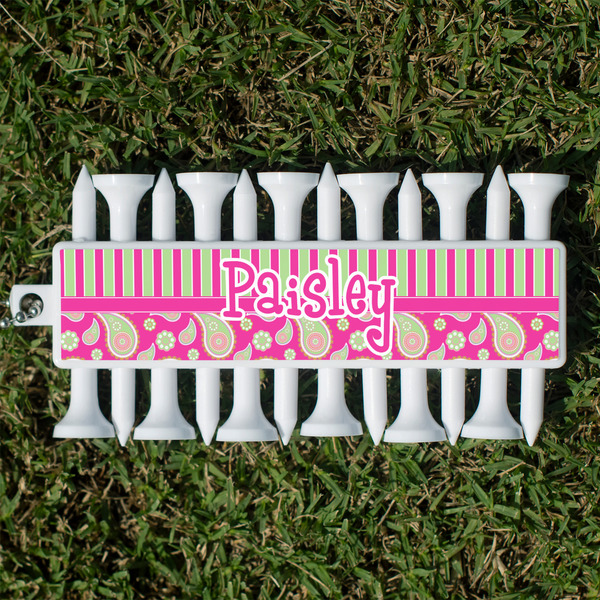 Custom Pink & Green Paisley and Stripes Golf Tees & Ball Markers Set (Personalized)
