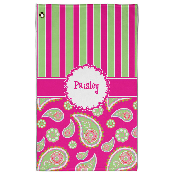 Custom Pink & Green Paisley and Stripes Golf Towel - Poly-Cotton Blend w/ Name or Text