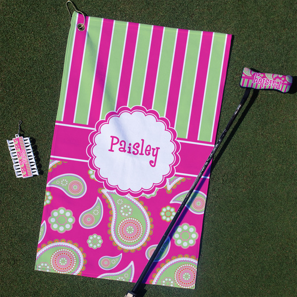 Custom Pink & Green Paisley and Stripes Golf Towel Gift Set (Personalized)