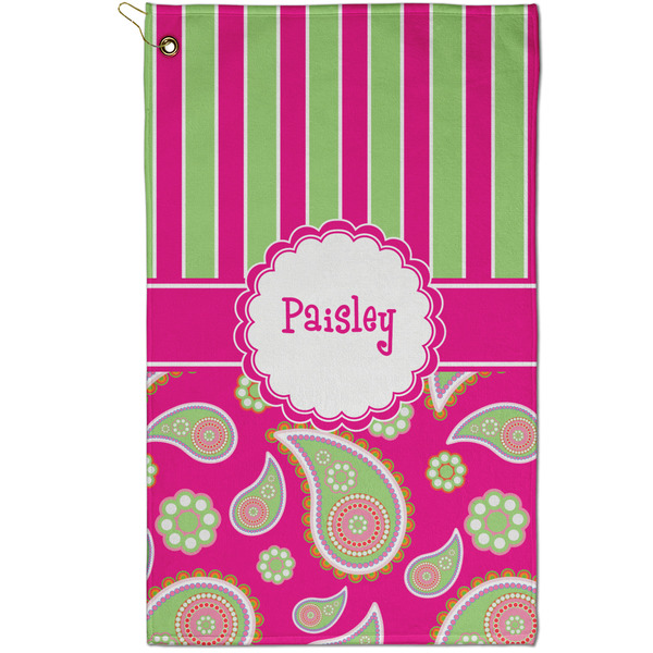 Custom Pink & Green Paisley and Stripes Golf Towel - Poly-Cotton Blend - Small w/ Name or Text
