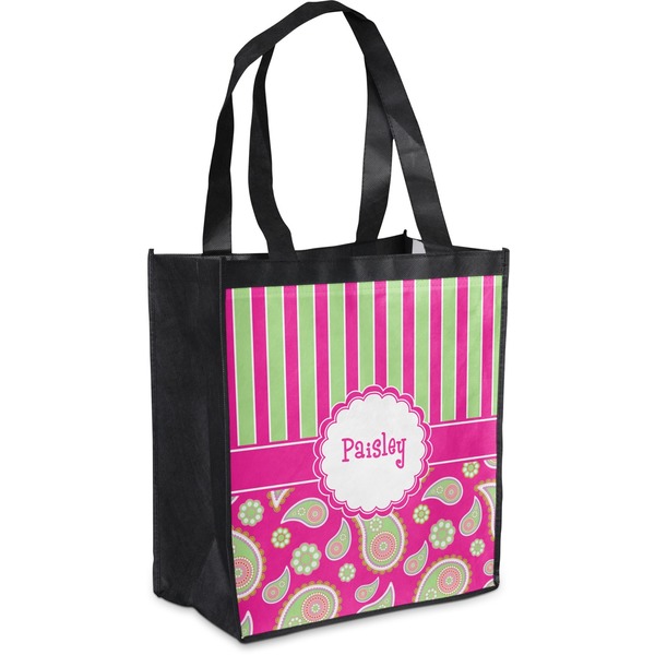 Custom Pink & Green Paisley and Stripes Grocery Bag (Personalized)