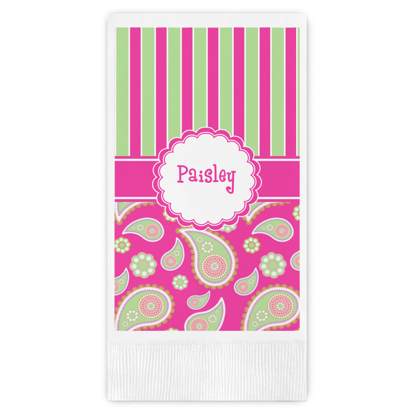 Custom Pink & Green Paisley and Stripes Guest Napkins - Full Color - Embossed Edge (Personalized)