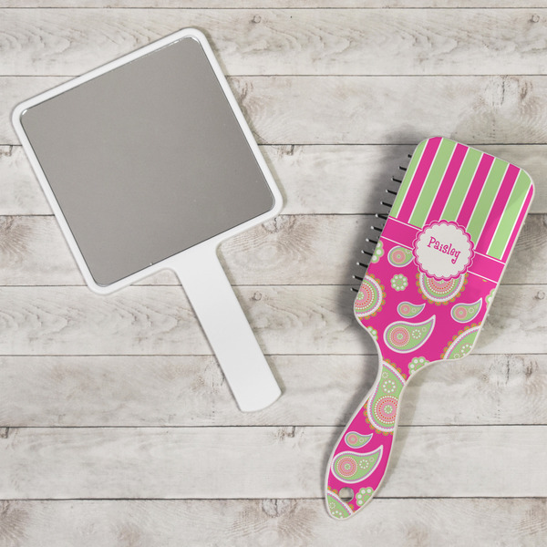 Pink & Green Paisley and Stripes Hair Brush - In Context