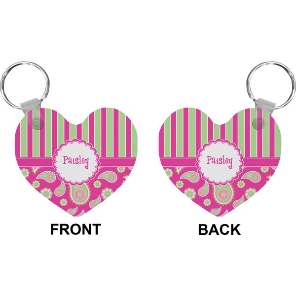 Pink & Green Paisley and Stripes Heart Keychain (Front + Back)