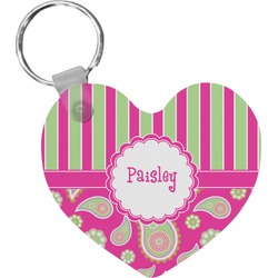 Pink & Green Paisley and Stripes Heart Plastic Keychain w/ Name or Text