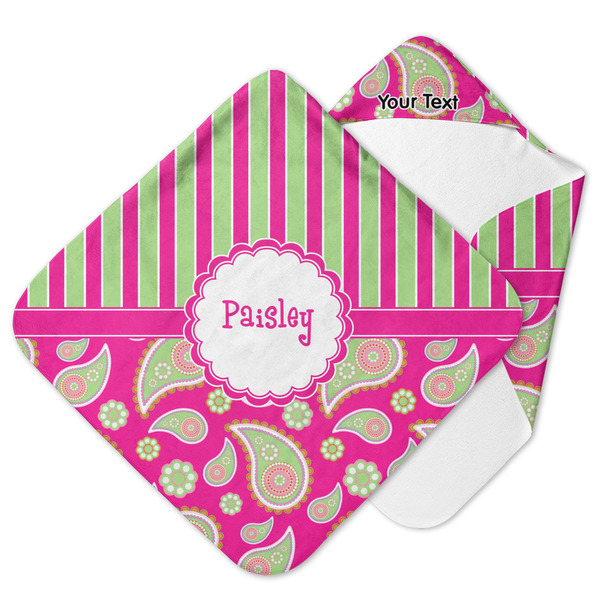 Custom Pink & Green Paisley and Stripes Hooded Baby Towel (Personalized)