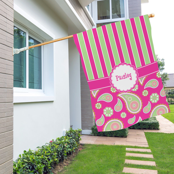 Pink & Green Paisley and Stripes House Flags - Double Sided - LIFESTYLE