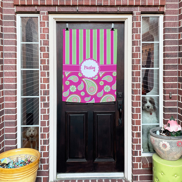 Pink & Green Paisley and Stripes House Flags - Double Sided - (Over the door) LIFESTYLE