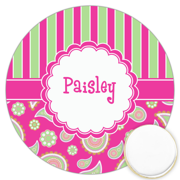 Custom Pink & Green Paisley and Stripes Printed Cookie Topper - 3.25" (Personalized)