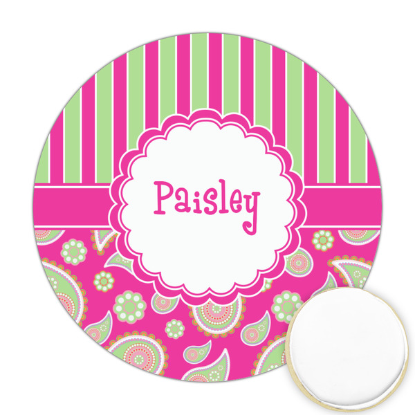 Custom Pink & Green Paisley and Stripes Printed Cookie Topper - 2.5" (Personalized)