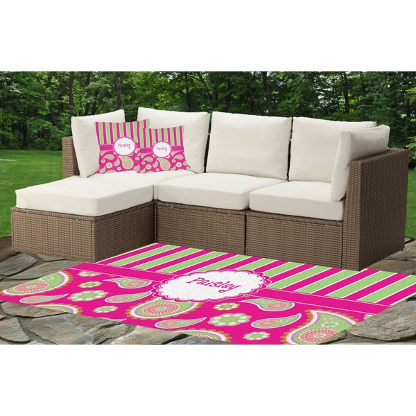 Pink & Green Paisley and Stripes Outdoor Mat & Cushions