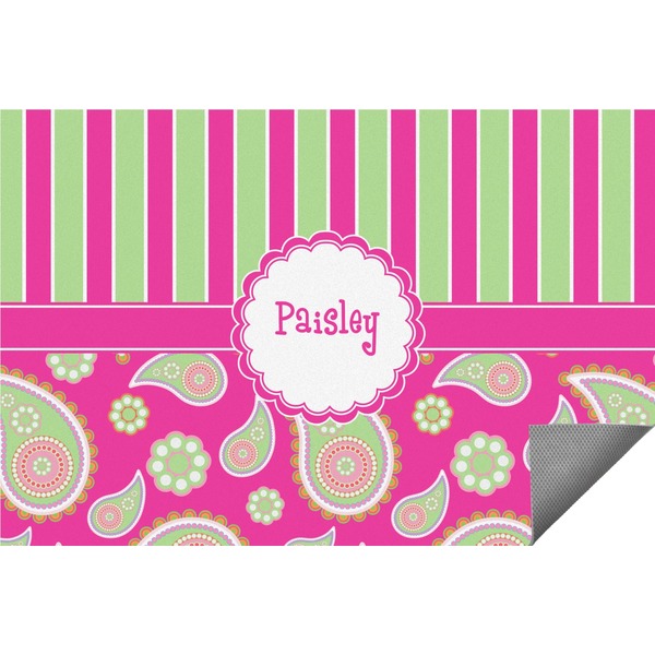 Custom Pink & Green Paisley and Stripes Indoor / Outdoor Rug (Personalized)
