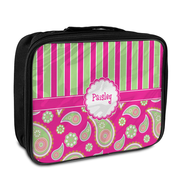 Custom Pink & Green Paisley and Stripes Insulated Lunch Bag (Personalized)