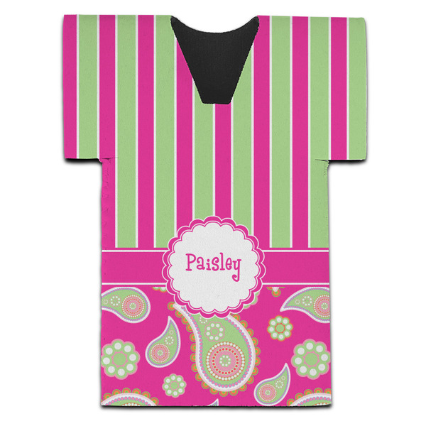 Pink & Green Paisley and Stripes Jersey Bottle Cooler - Set of 4 - FRONT (flat)